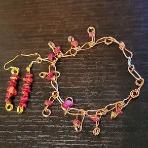 Handmade Glossy Red Rocks On Chain Link Bracet & Earings